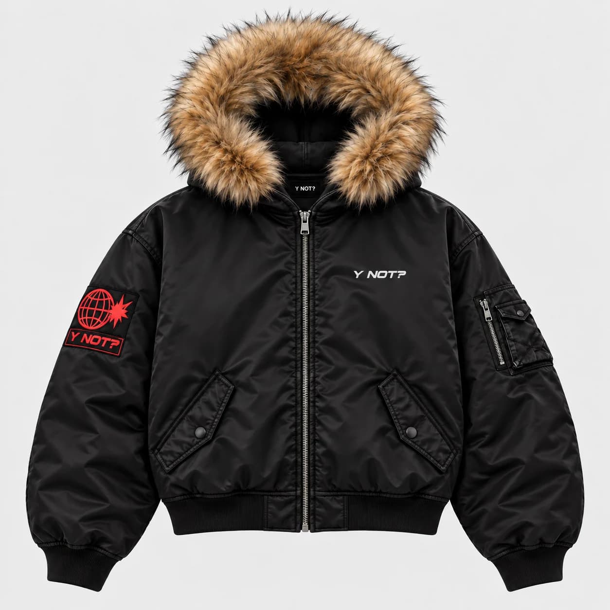 Fur Hood Bomber Jacket in Black