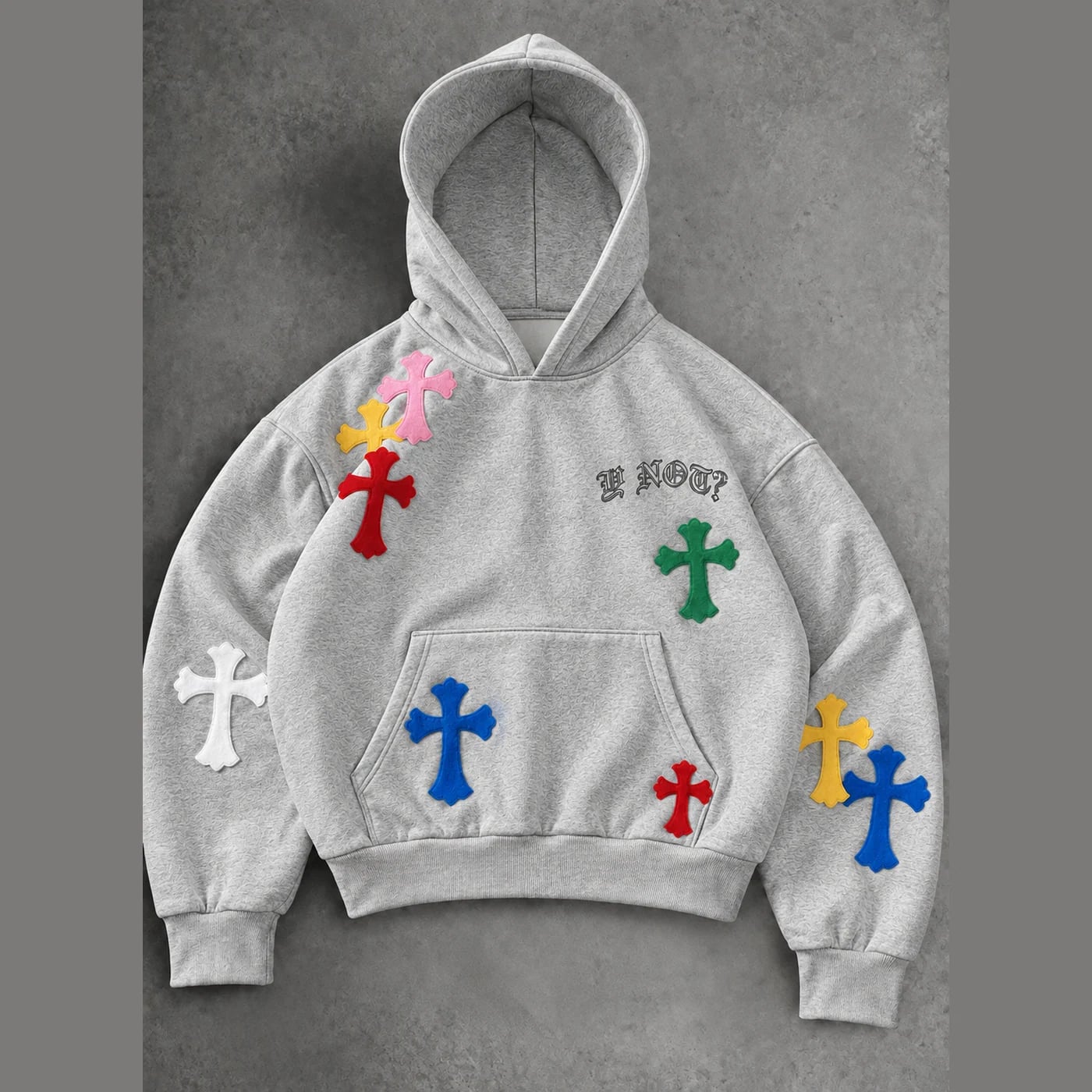 Y NOT? Cross Patch Hoodie in Heather Grey / Multi