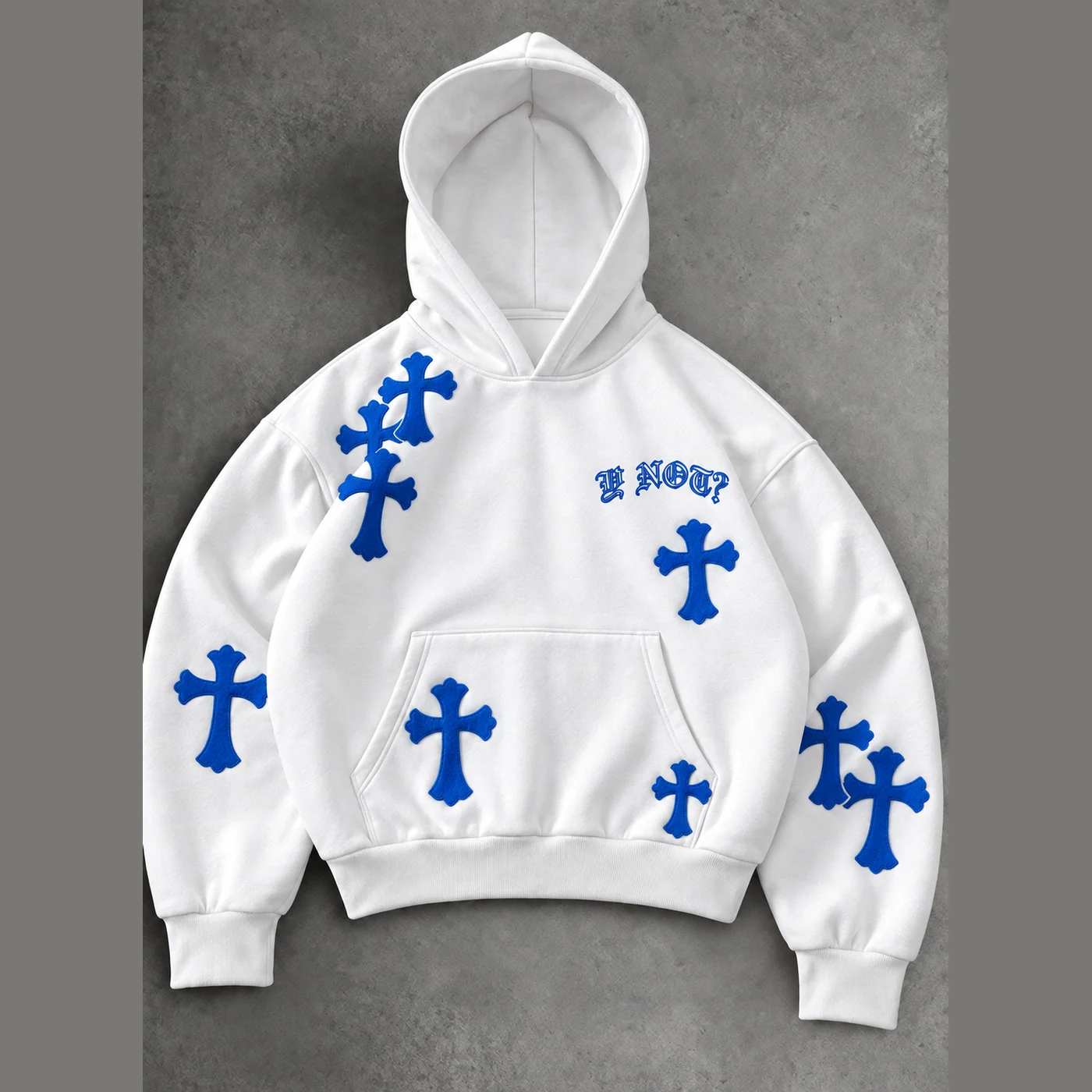 Y NOT? Cross Patch Hoodie in White / Royal