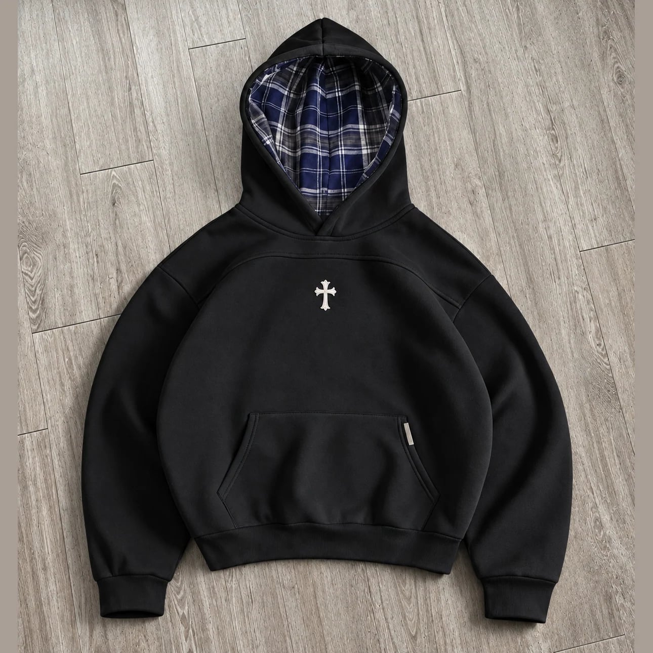 Cross Plaid-Lined Hoodie in Black