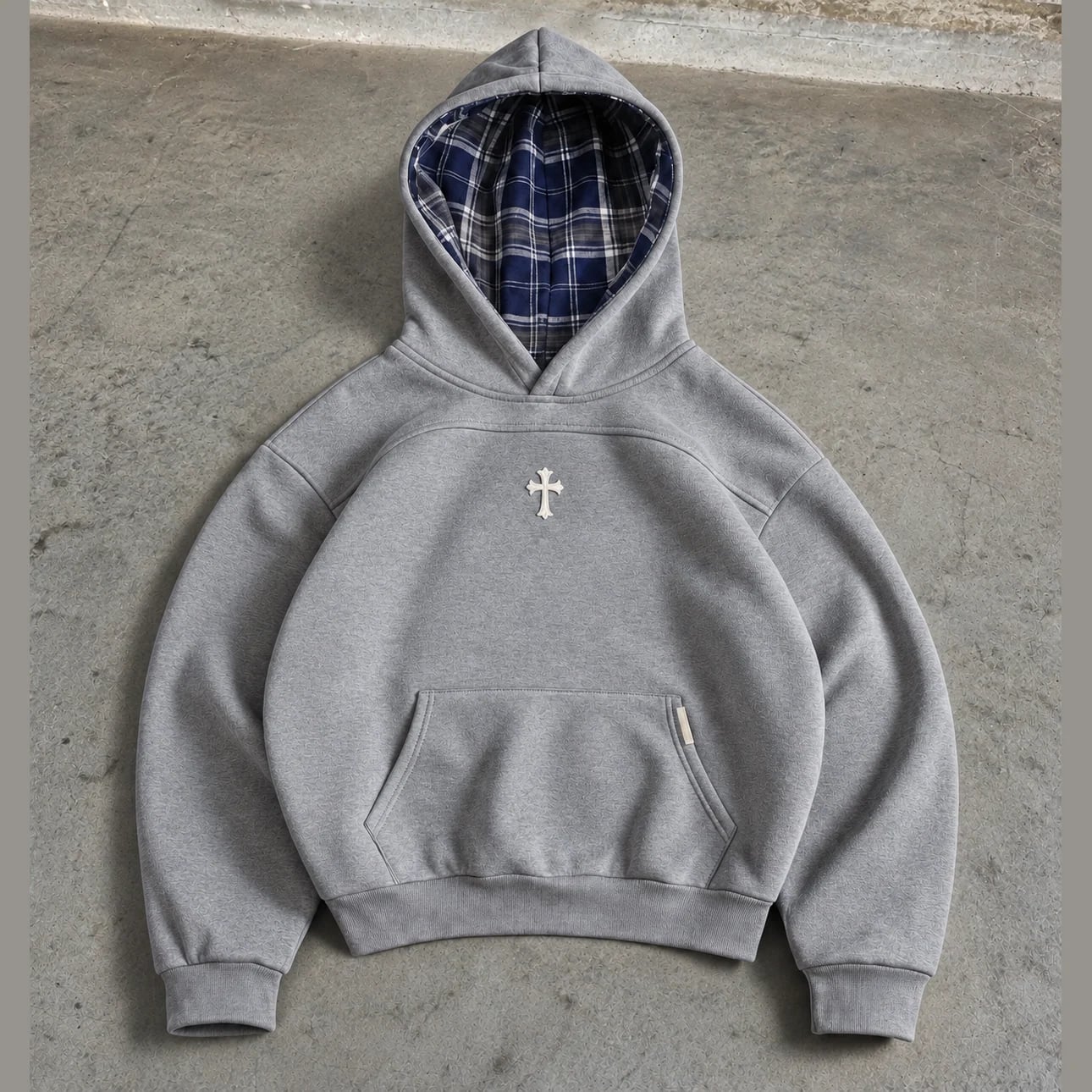 Cross Plaid-Lined Hoodie in Heather Grey