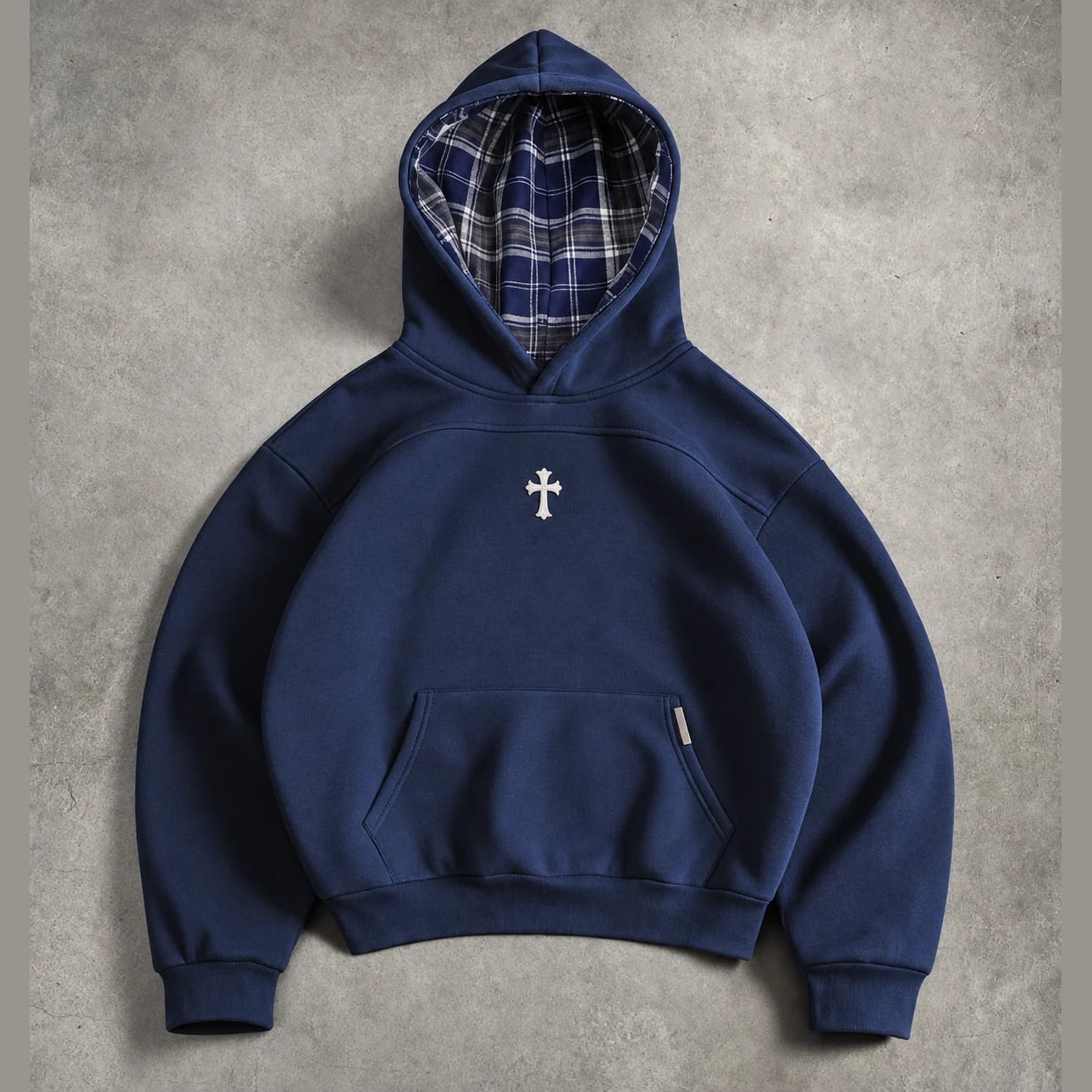 Cross Plaid-Lined Hoodie in Navy