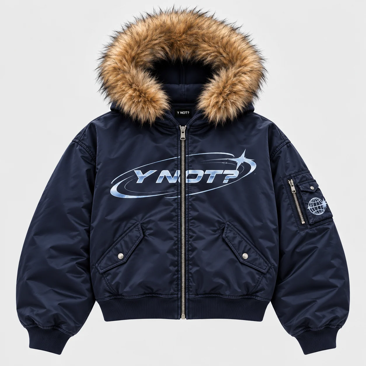 Fur Hood Bomber Jacket in Navy