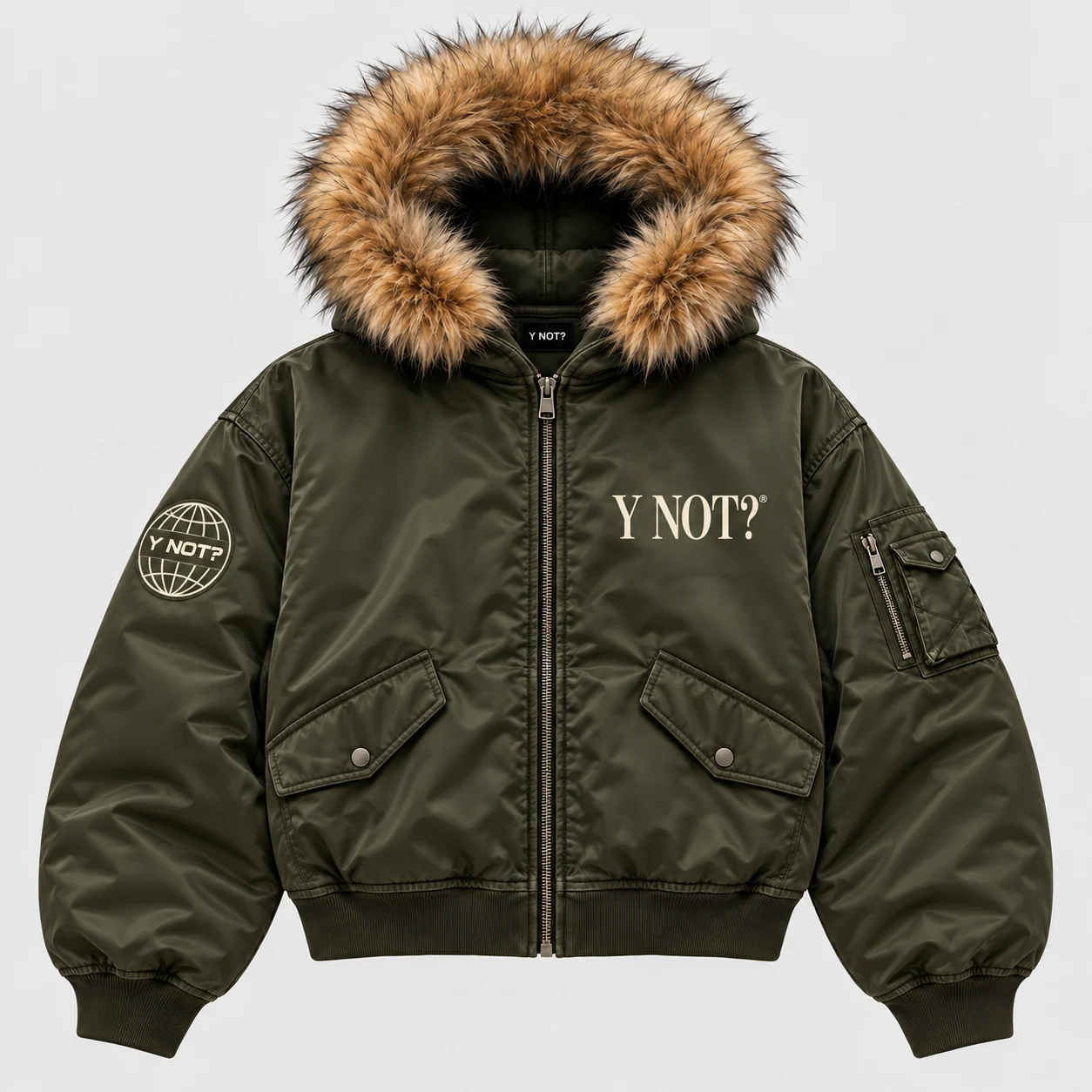 Fur Hood Bomber Jacket in Olive
